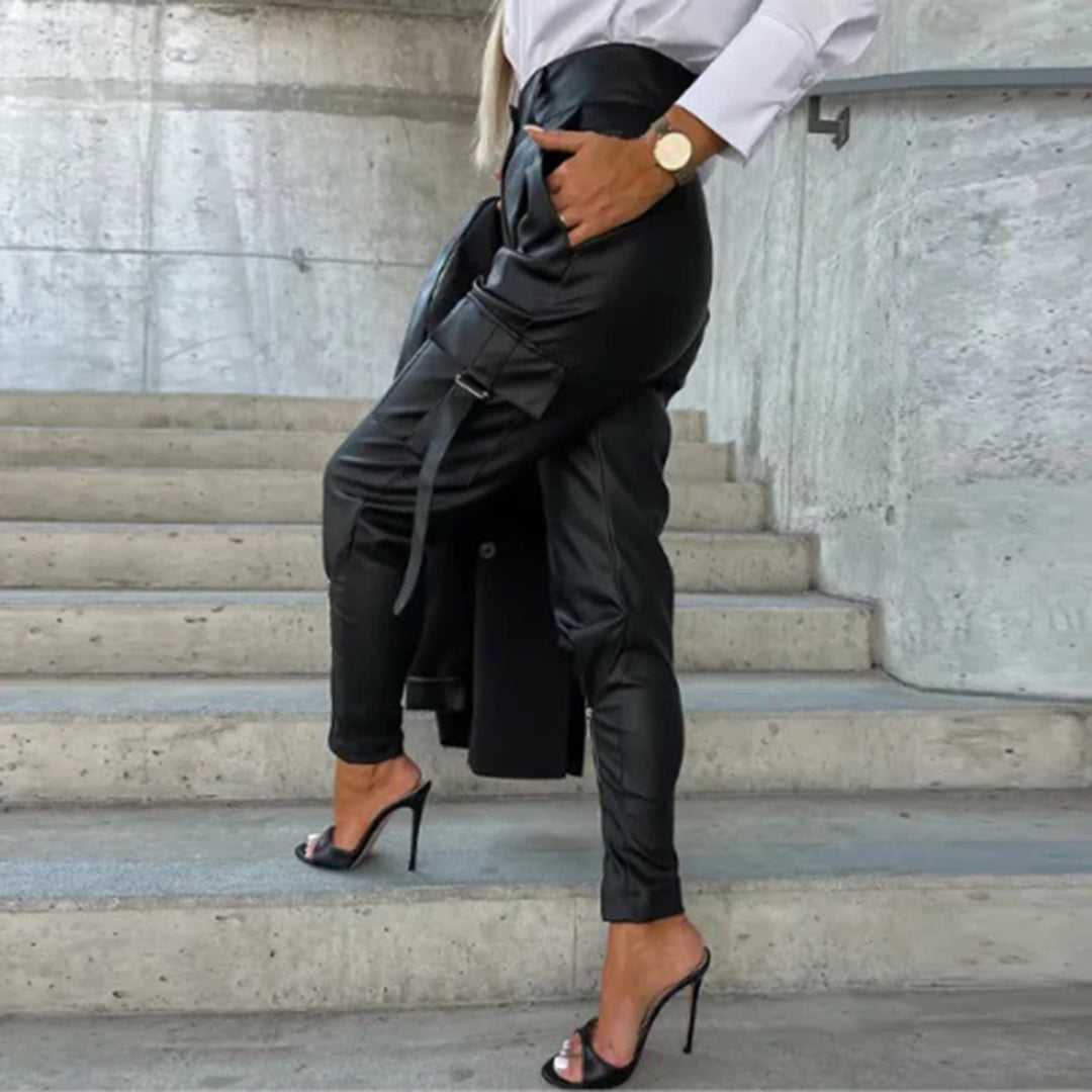Leather Cargo Trousers - Sleek Black Ladies Trousers
