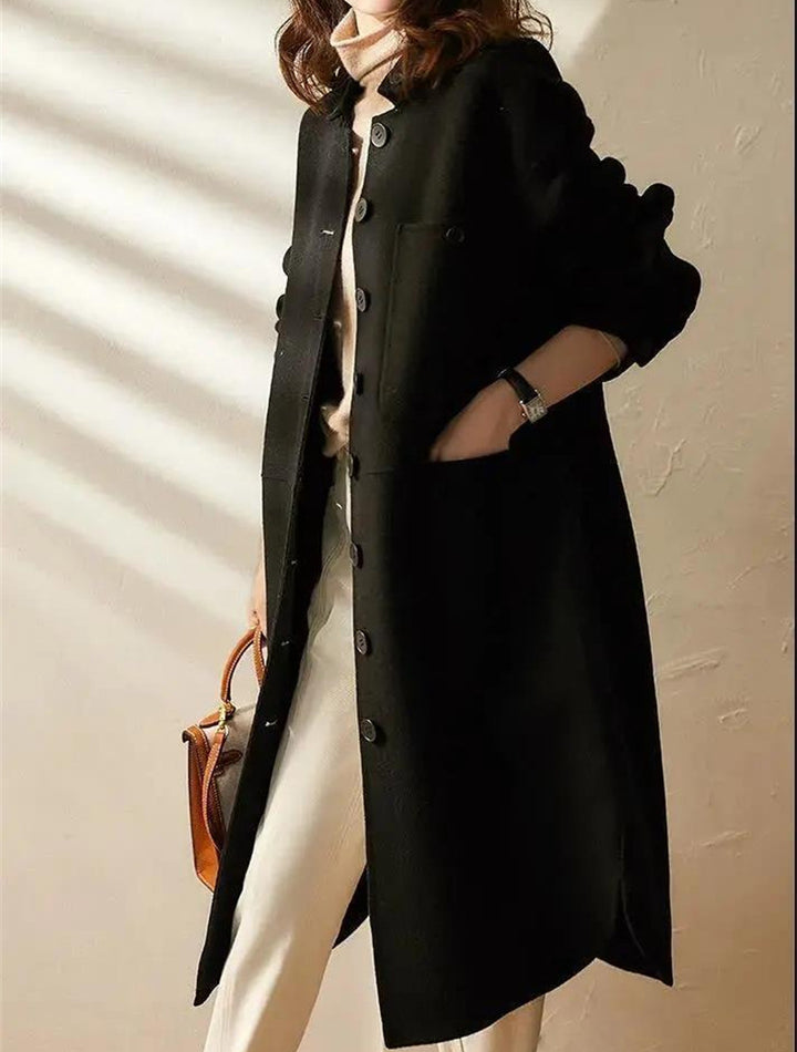 Long Button-Up Coat - Elegant Tailored Ladies Outerwear