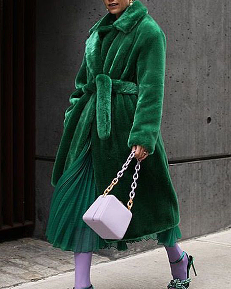 Long faux fur coat - ladies' belted plush outerwear