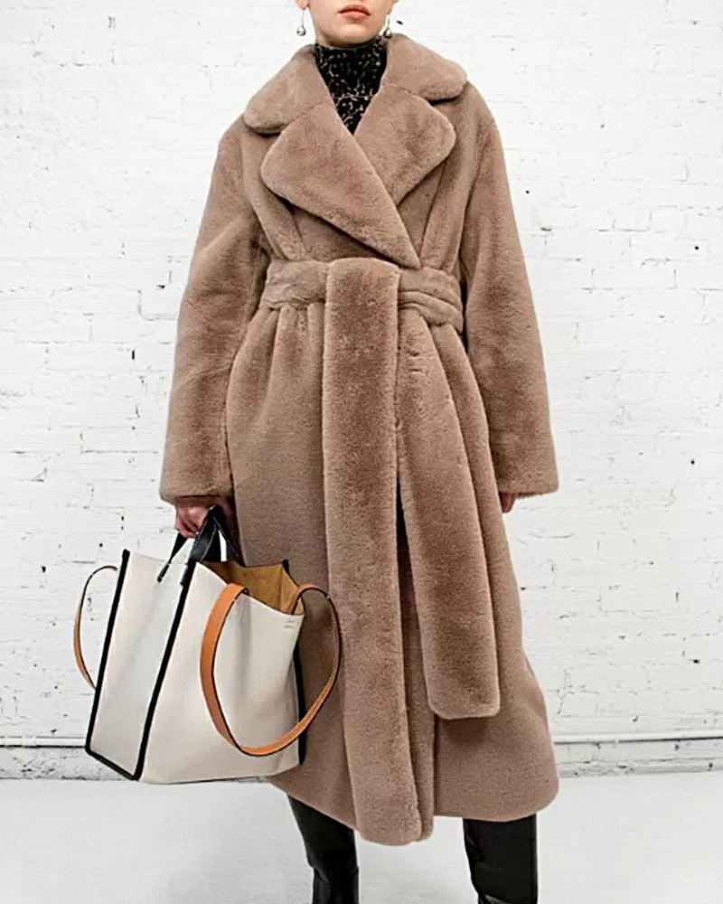 Long faux fur coat - ladies' belted plush outerwear
