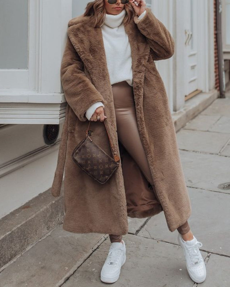 Long faux fur coat - ladies' belted plush outerwear