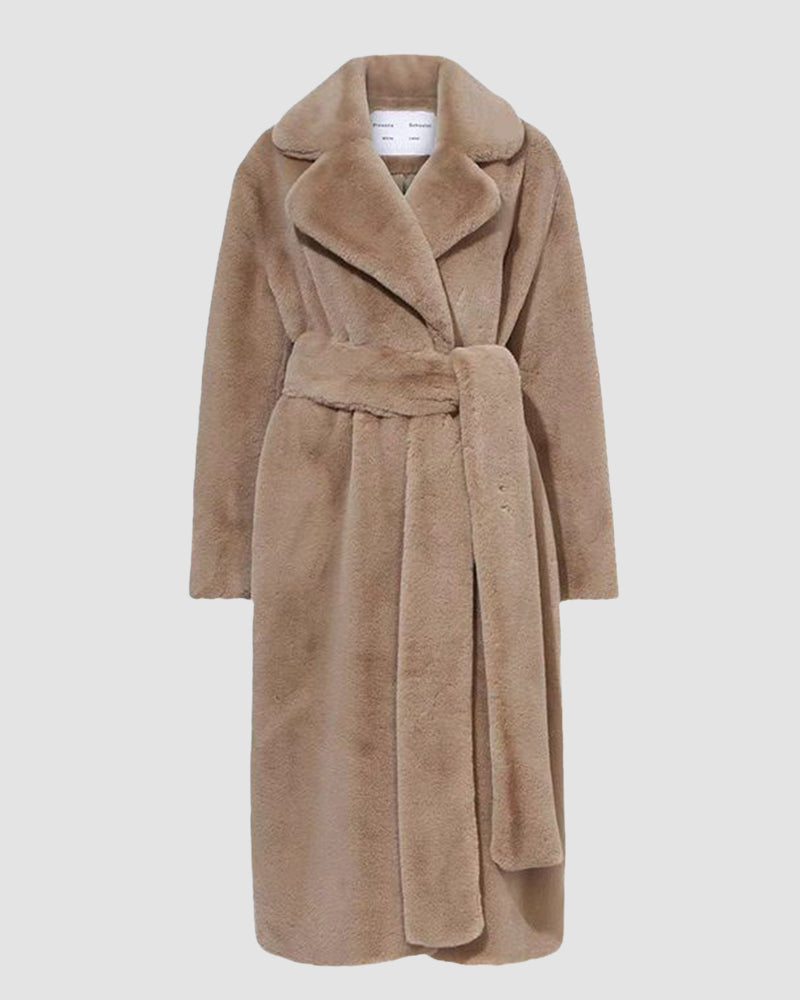 Long faux fur coat - ladies' belted plush outerwear