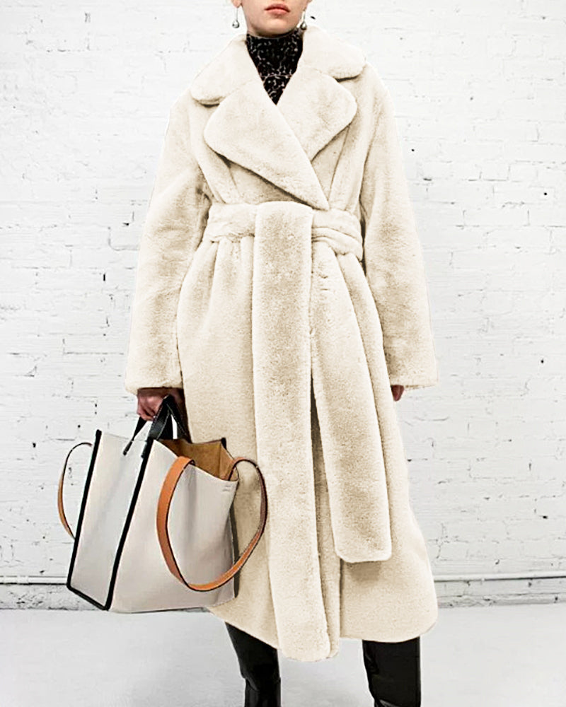 Long faux fur coat - ladies' belted plush outerwear