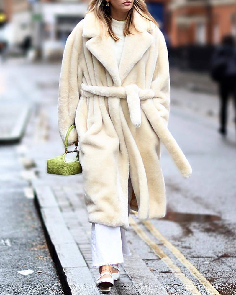 Long faux fur coat - ladies' belted plush outerwear