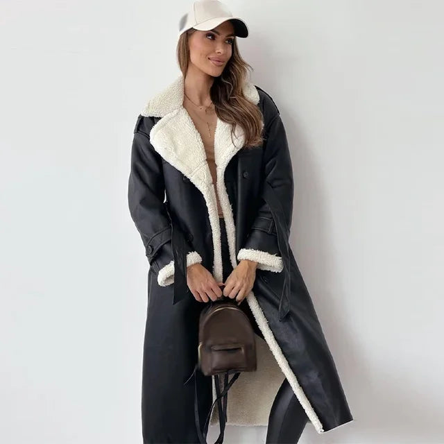 Long trench coat - stylish warm ladies coat with shearling detail