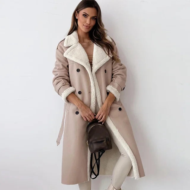 Long trench coat - stylish warm ladies coat with shearling detail