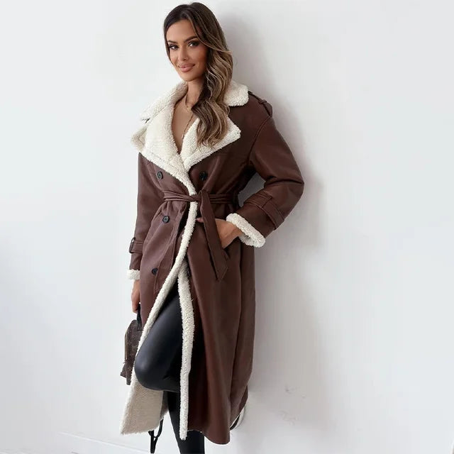 Long trench coat - stylish warm ladies coat with shearling detail