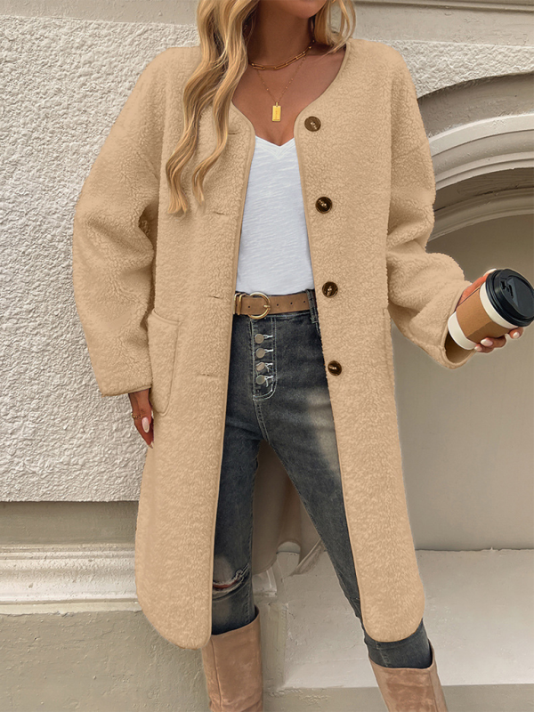 Longline Teddy Coat - Button-Up Ladies Outerwear With Pockets