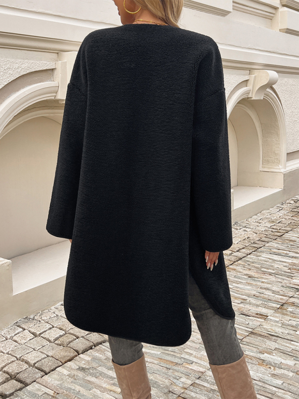 Longline Teddy Coat - Button-Up Ladies Outerwear With Pockets