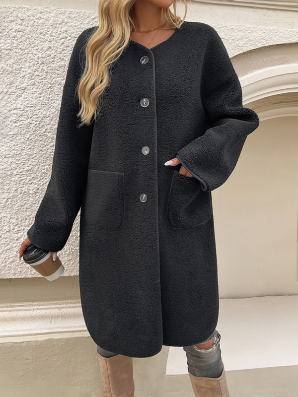 Longline Teddy Coat - Button-Up Ladies Outerwear With Pockets