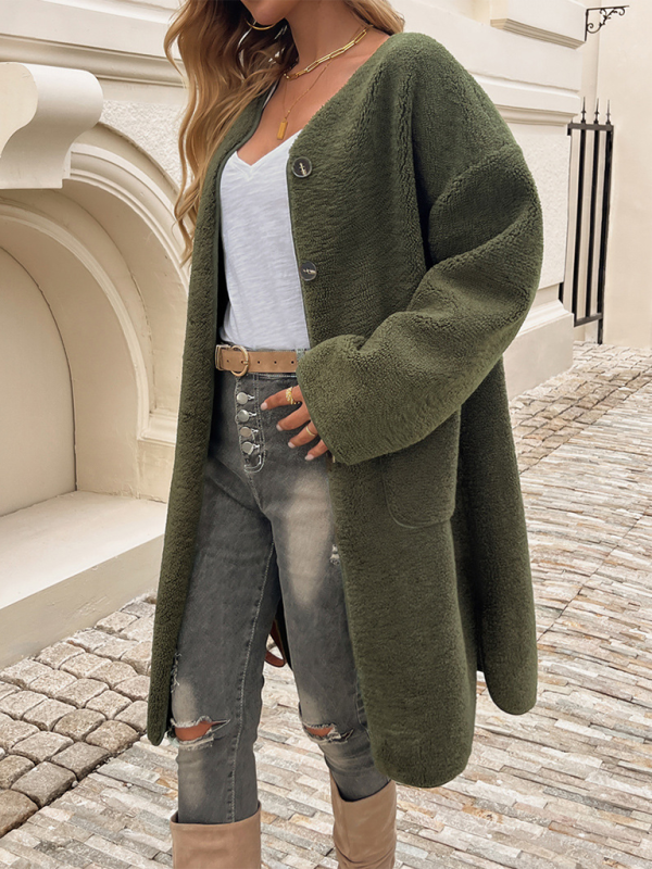 Longline Teddy Coat - Button-Up Ladies Outerwear With Pockets