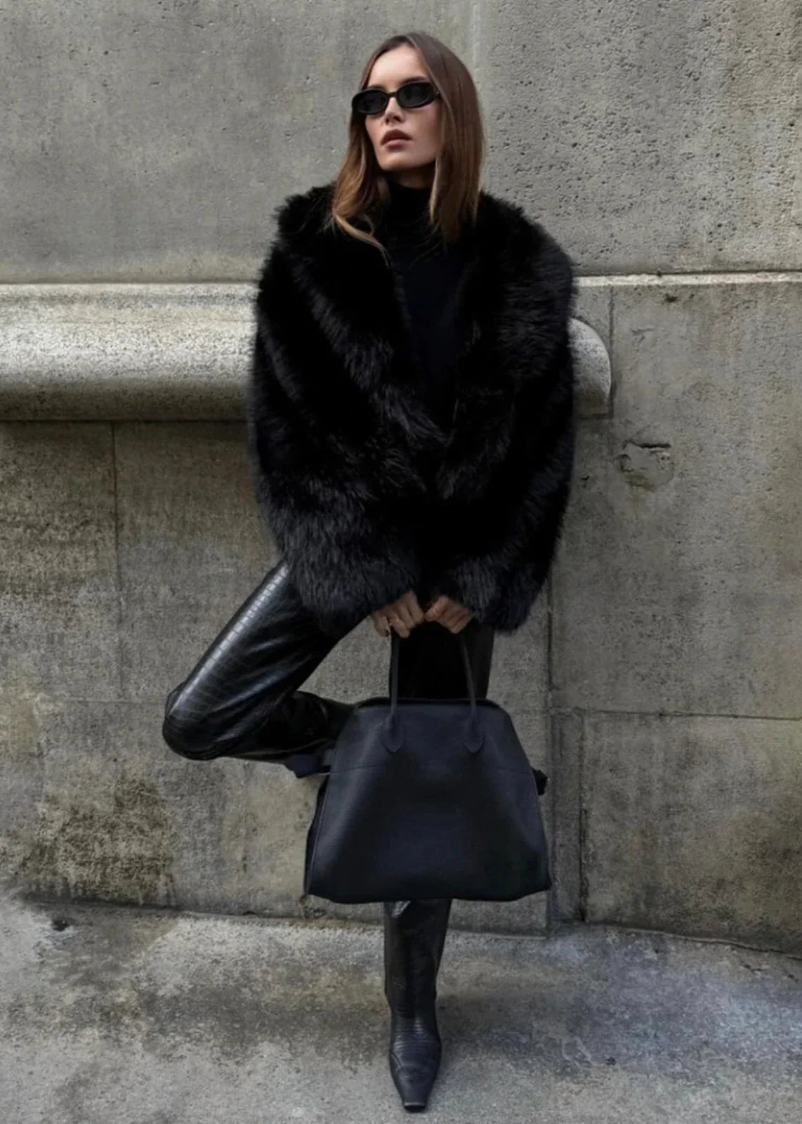 Luxe faux fur polo collar jacket - black ladies outerwear