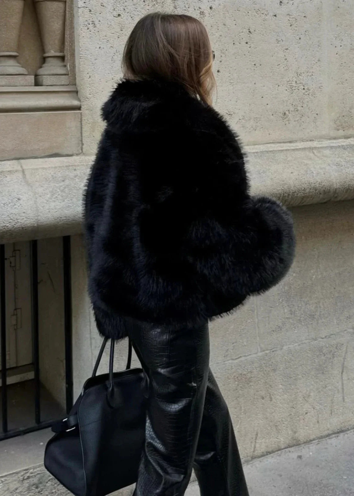 Luxe faux fur polo collar jacket - black ladies outerwear