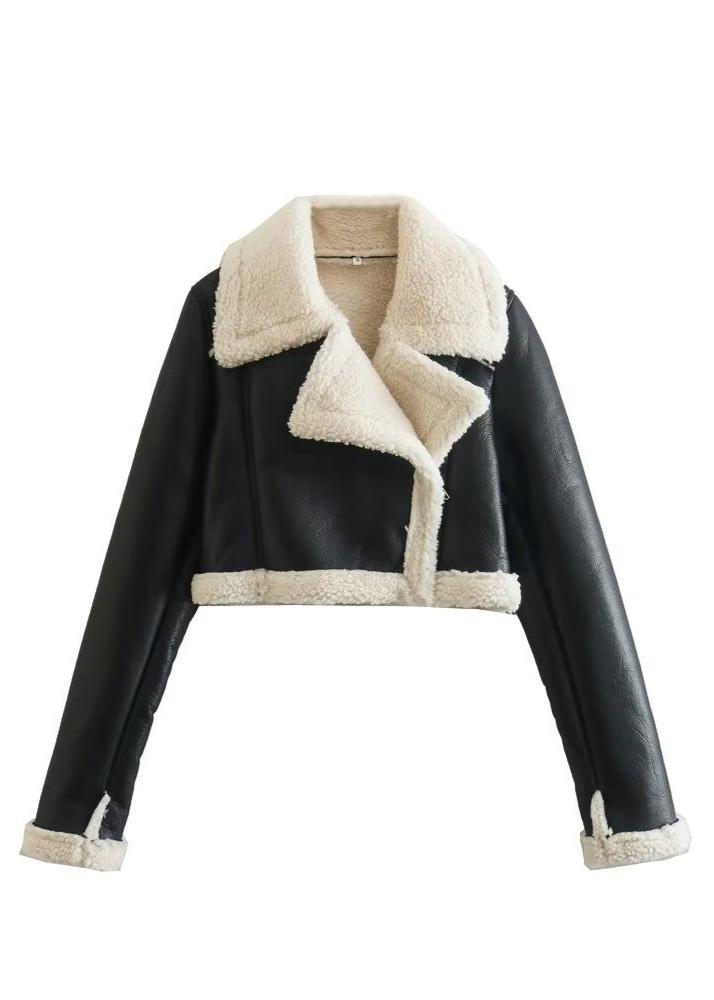 Luxe sherpa trim leather jacket - short zippered black ladies coat