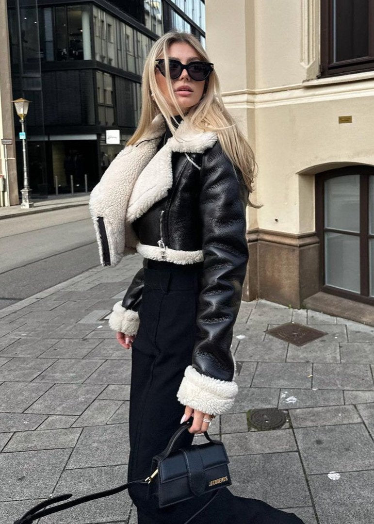 Luxe sherpa trim leather jacket - short zippered black ladies coat