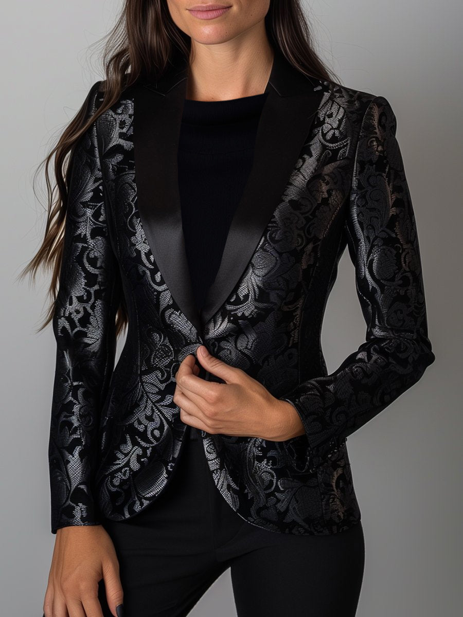 Luxury Black And Silver Floral Jacquard Blazer - Women'S Elegant Evening Jacket