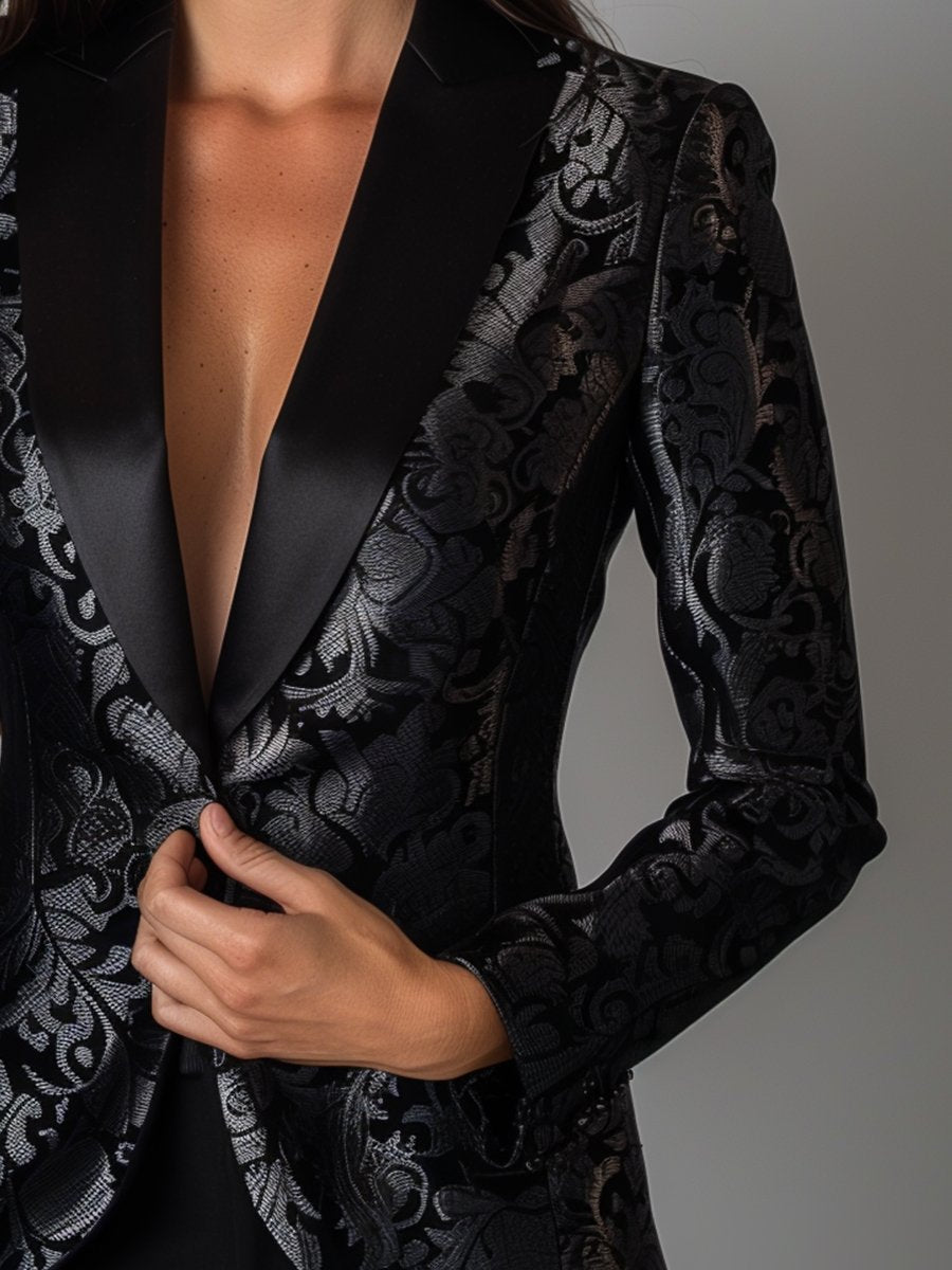 Luxury Black And Silver Floral Jacquard Blazer - Women'S Elegant Evening Jacket