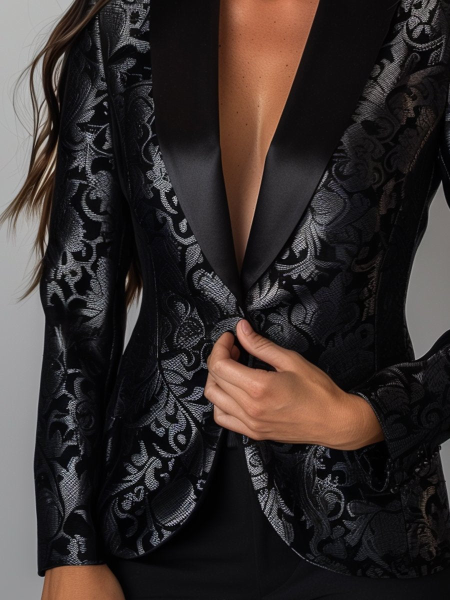 Luxury Black And Silver Floral Jacquard Blazer - Women'S Elegant Evening Jacket