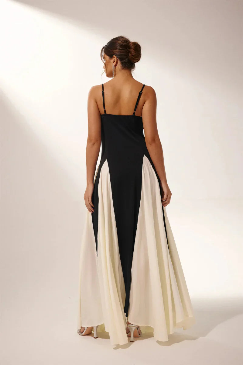 Maxi Dress - Black Panelled Tulle A-Line Slip Dress