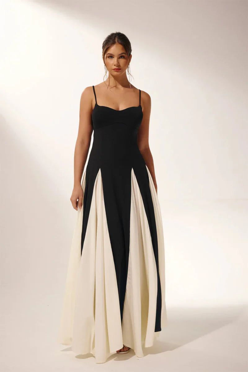 Maxi Dress - Black Panelled Tulle A-Line Slip Dress