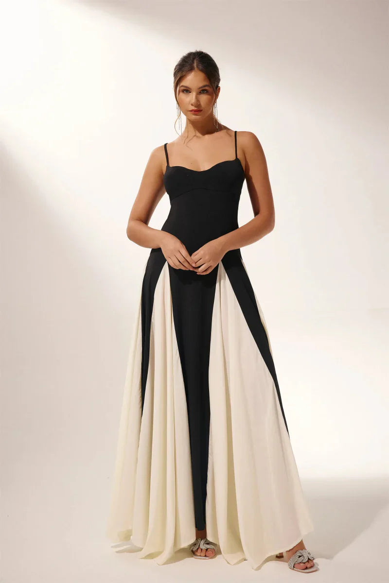 Maxi Dress - Black Panelled Tulle A-Line Slip Dress
