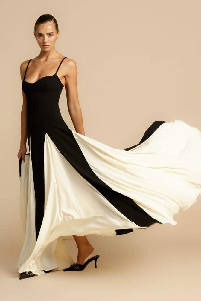 Maxi Dress - Black Panelled Tulle A-Line Slip Dress