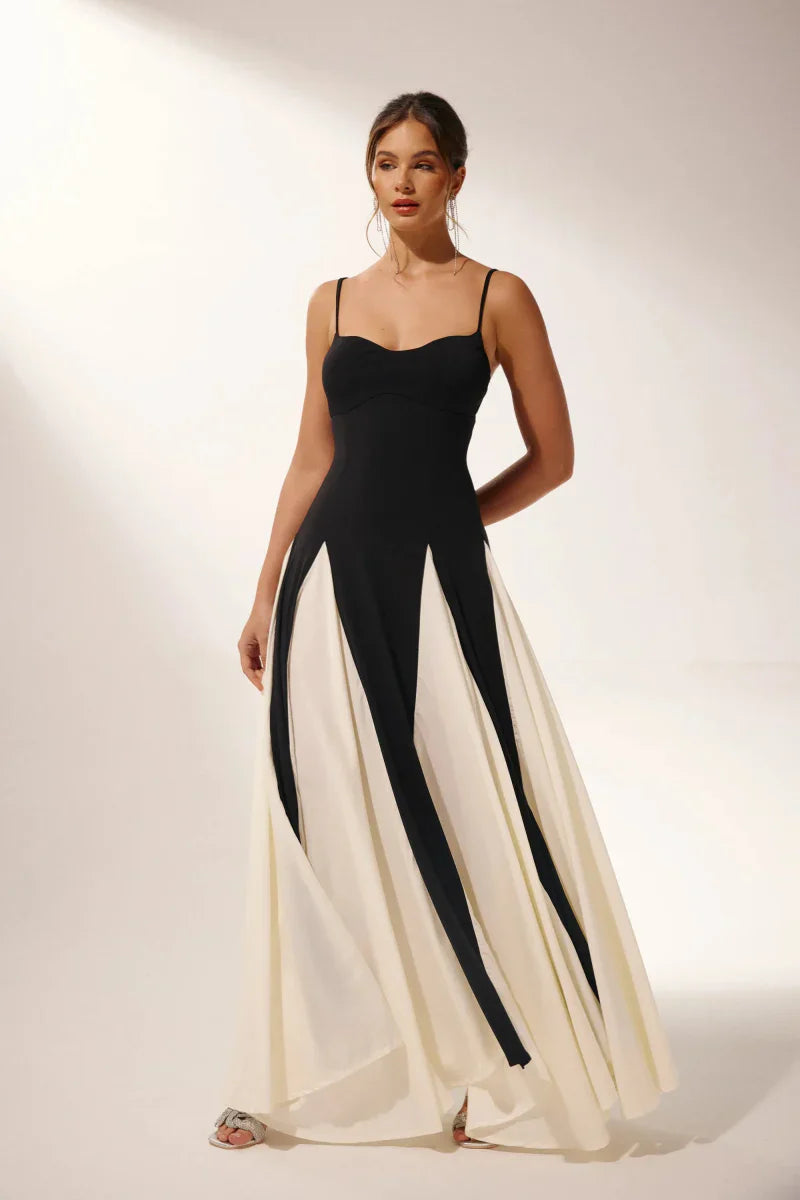 Maxi Dress - Black Panelled Tulle A-Line Slip Dress