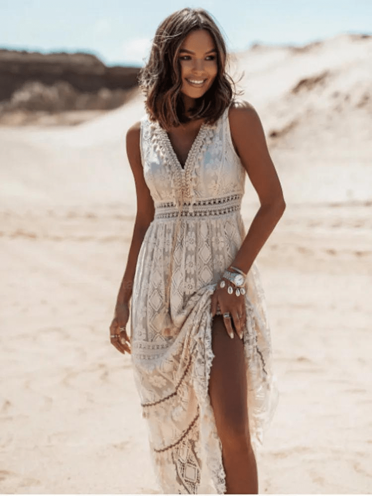 Maxi Dress - Elegant Ladies Bohemian Style Dress With Intricate Design