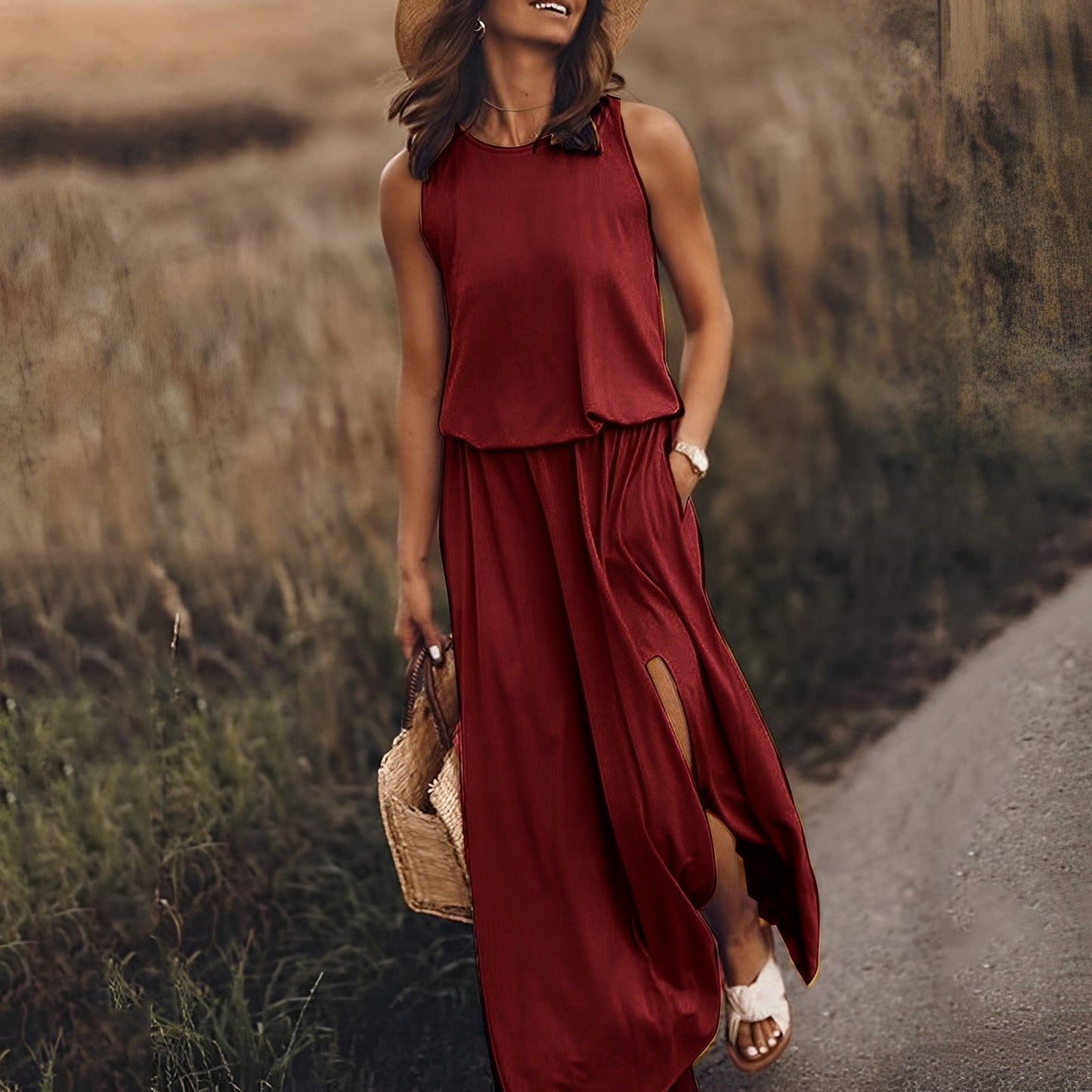 Maxi Dress - Elegant Sleeveless Ladies Dress With Side Slits