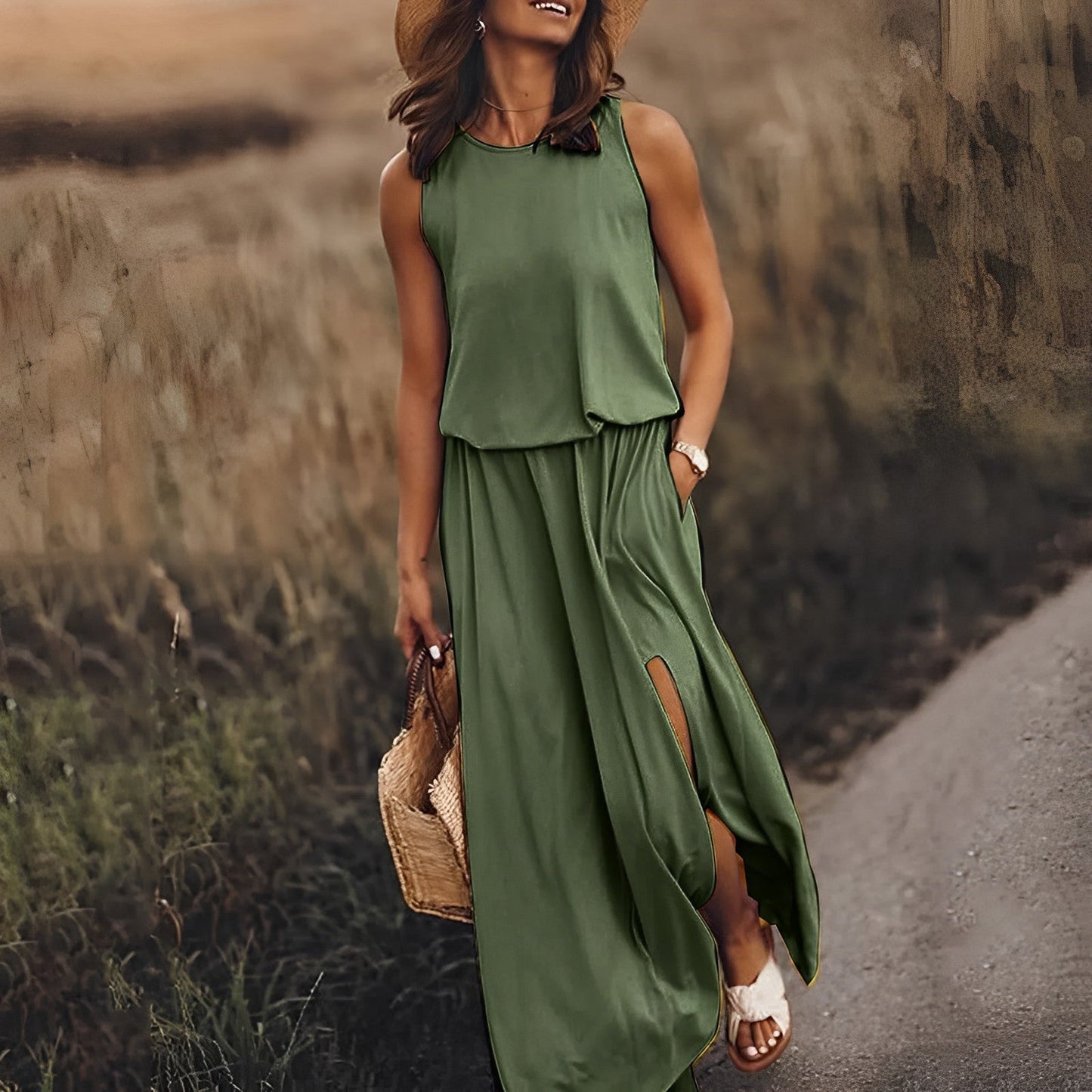 Maxi Dress - Elegant Sleeveless Ladies Dress With Side Slits