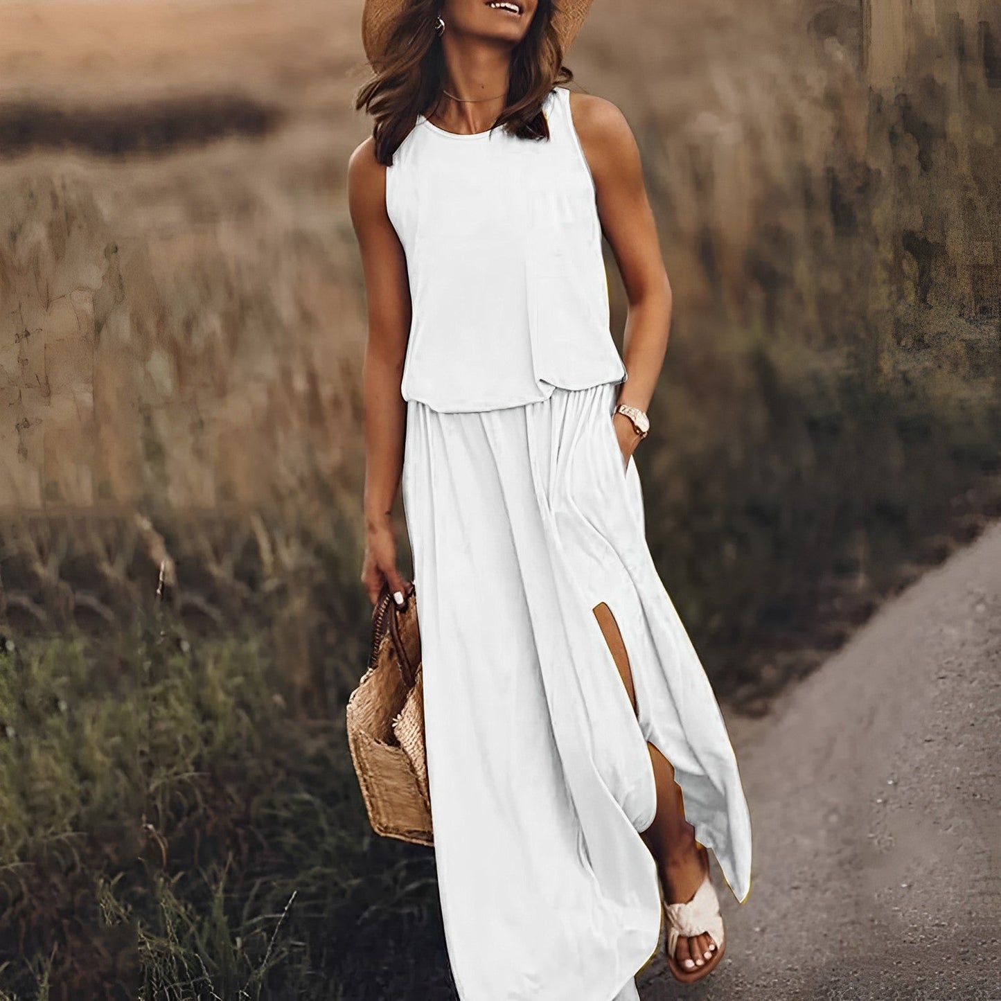Maxi Dress - Elegant Sleeveless Ladies Dress With Side Slits