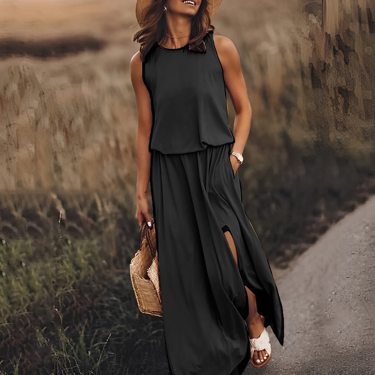 Maxi Dress - Elegant Sleeveless Ladies Dress With Side Slits