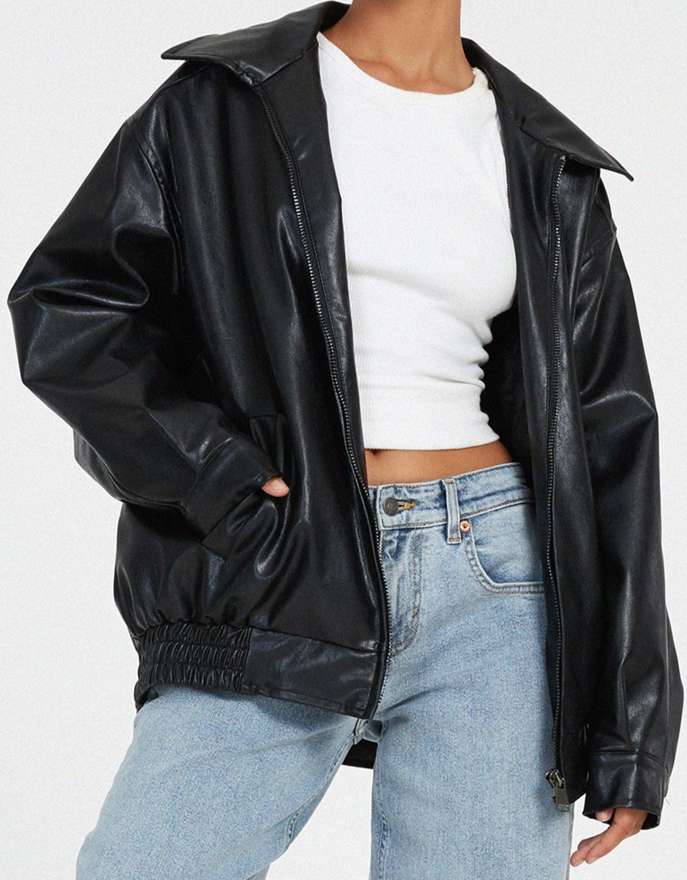 Oversized leather jacket - stylish ladies outerwear