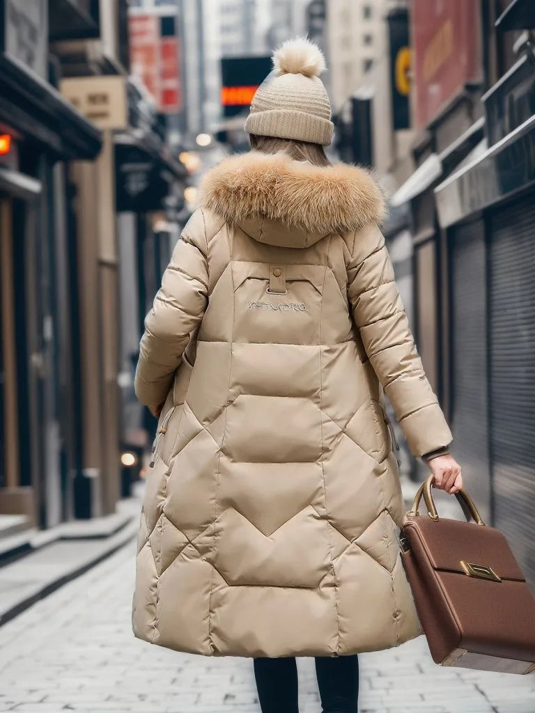 Padded long coat - stylish ladies winter jacket with faux fur collar