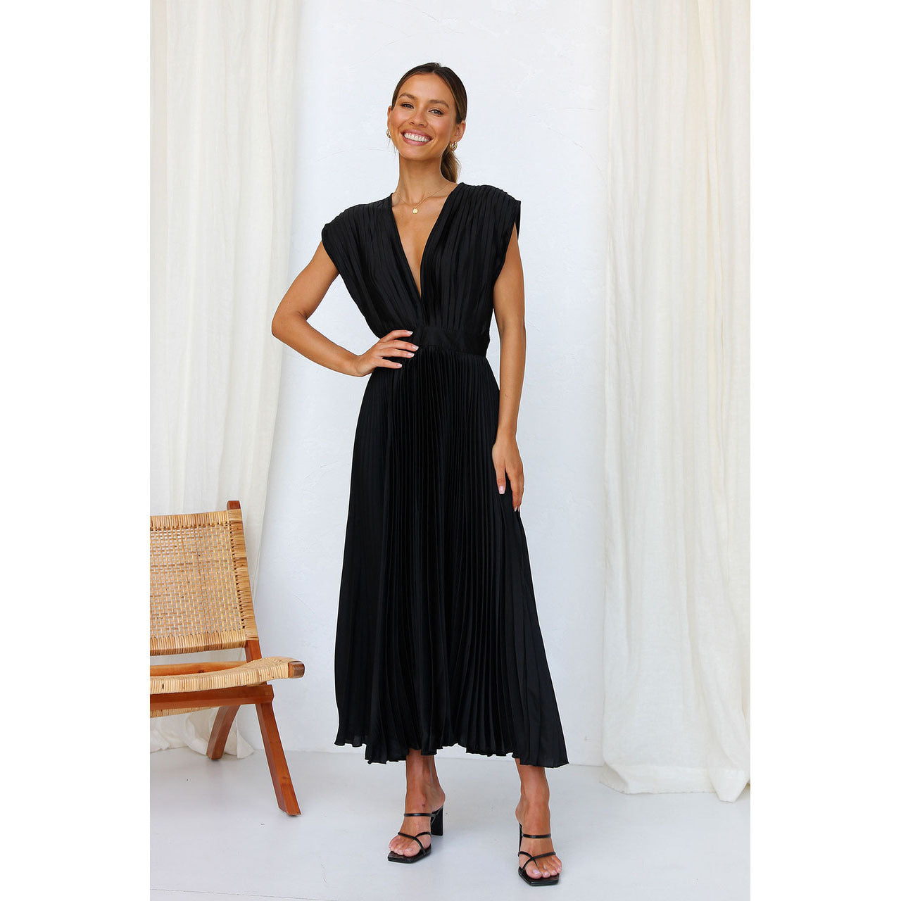 Pleated Midi Dress - Sophisticated V-Neck Gown For Ladies