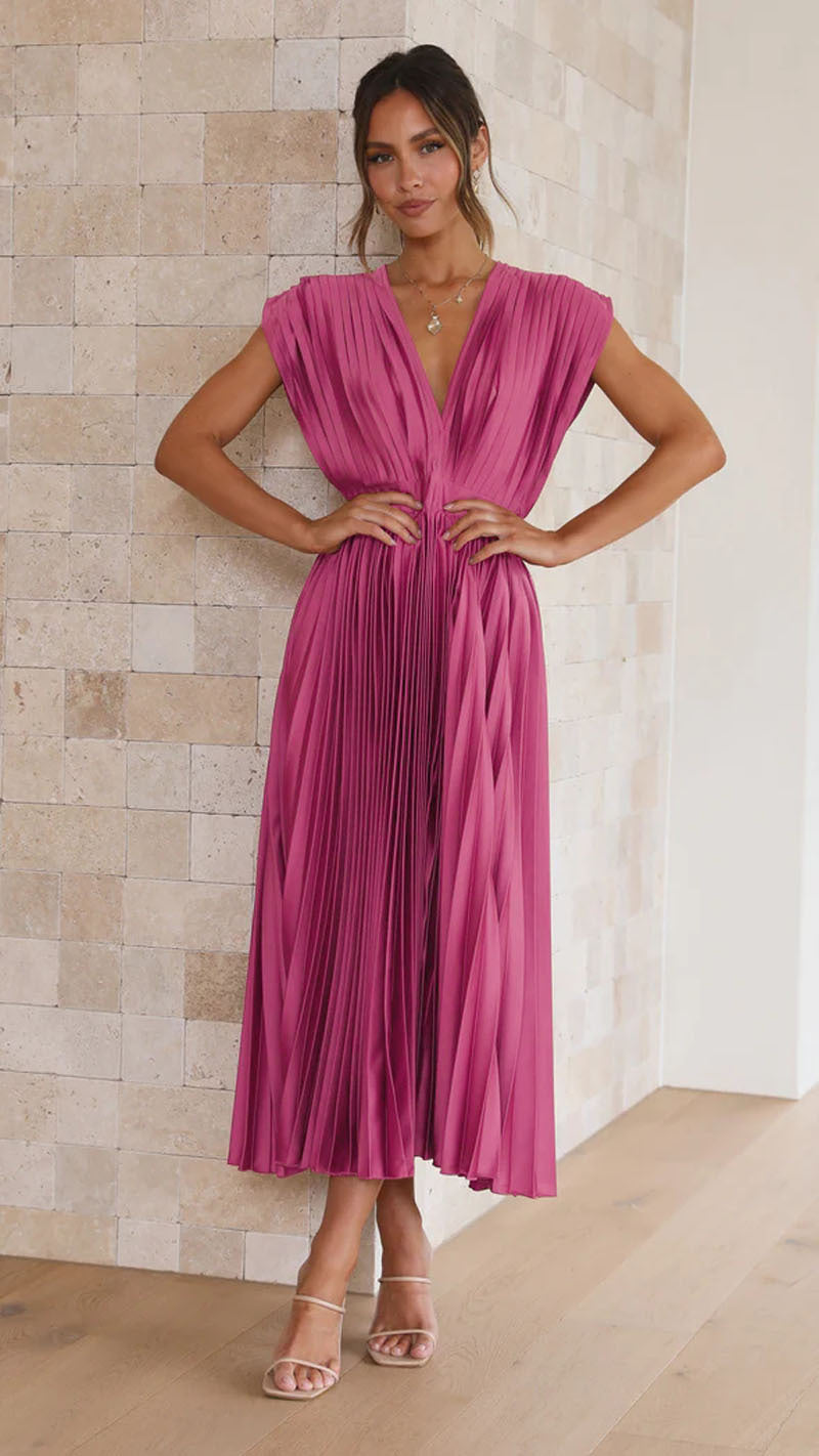 Pleated Midi Dress - Sophisticated V-Neck Gown For Ladies