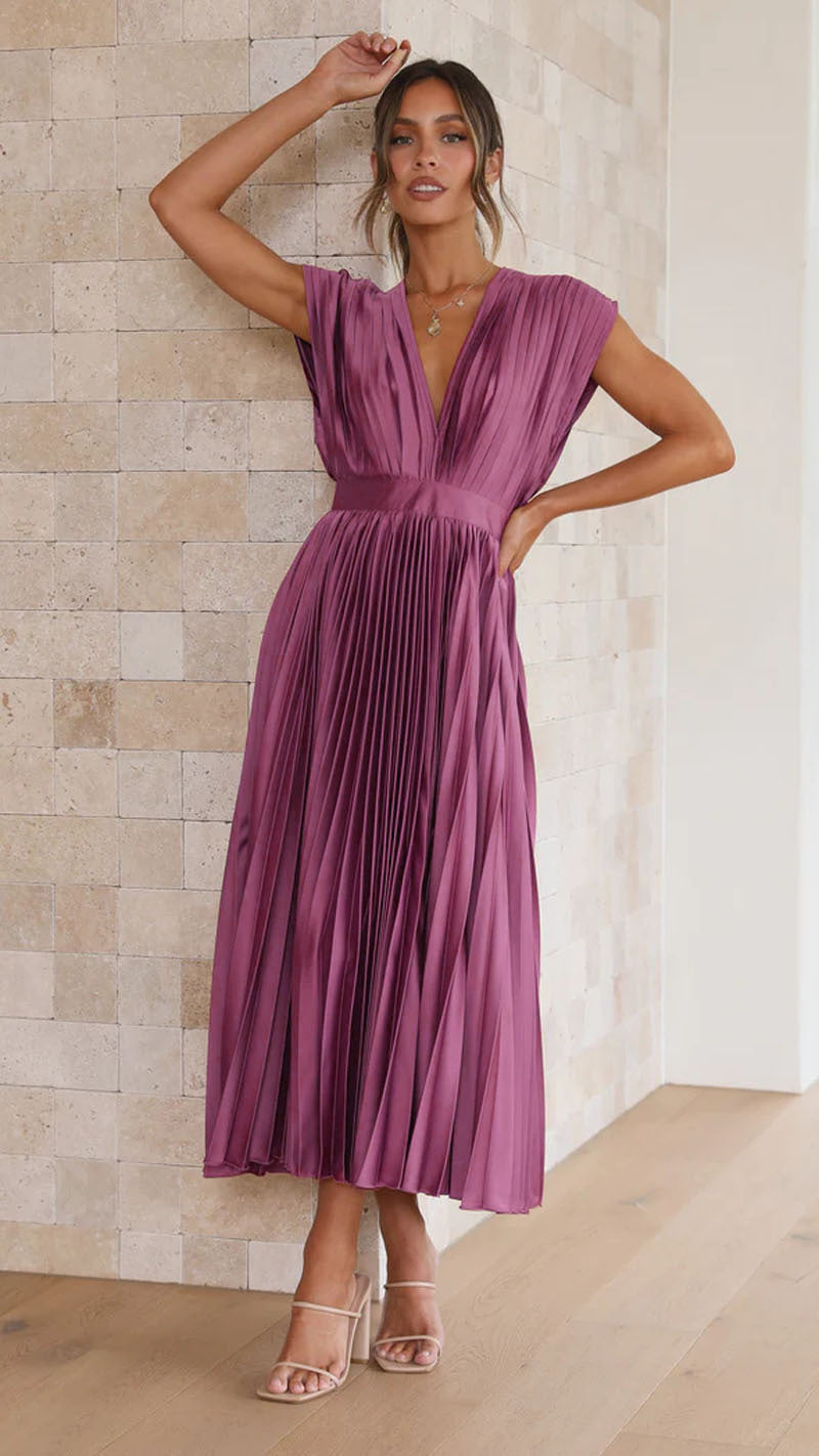 Pleated Midi Dress - Sophisticated V-Neck Gown For Ladies