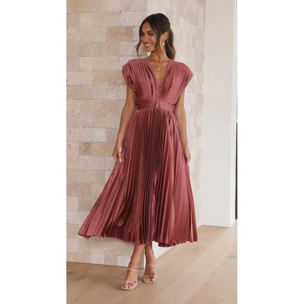 Pleated Midi Dress - Sophisticated V-Neck Gown For Ladies