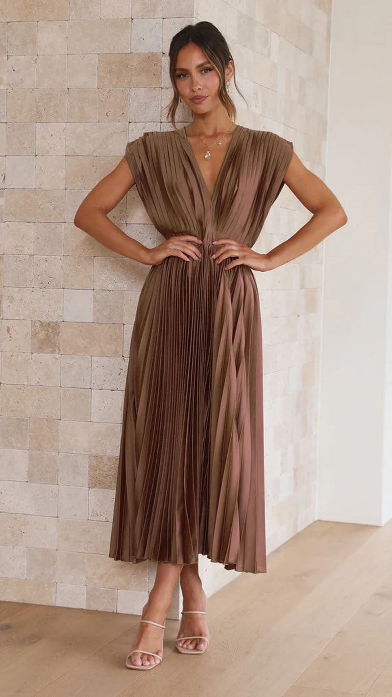 Pleated Midi Dress - Sophisticated V-Neck Gown For Ladies