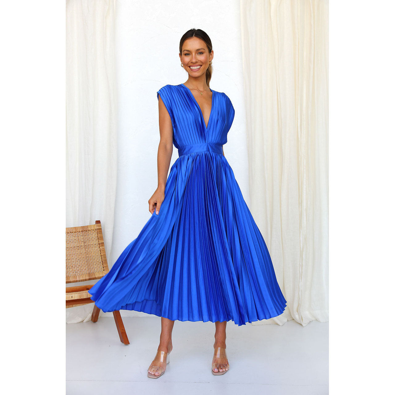 Pleated Midi Dress - Sophisticated V-Neck Gown For Ladies