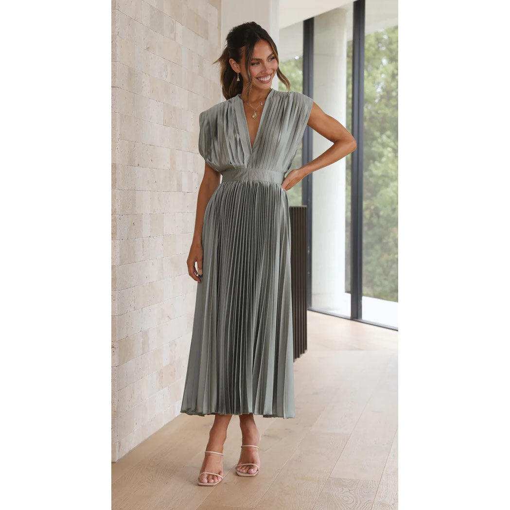 Pleated Midi Dress - Sophisticated V-Neck Gown For Ladies