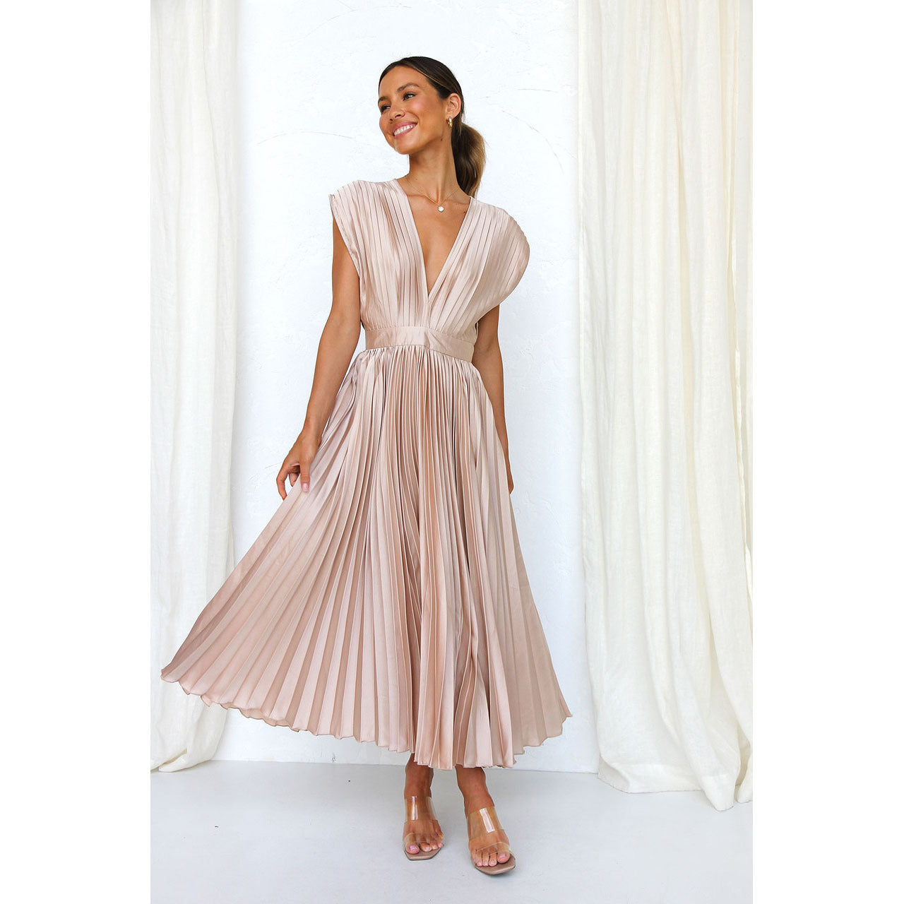 Pleated Midi Dress - Sophisticated V-Neck Gown For Ladies