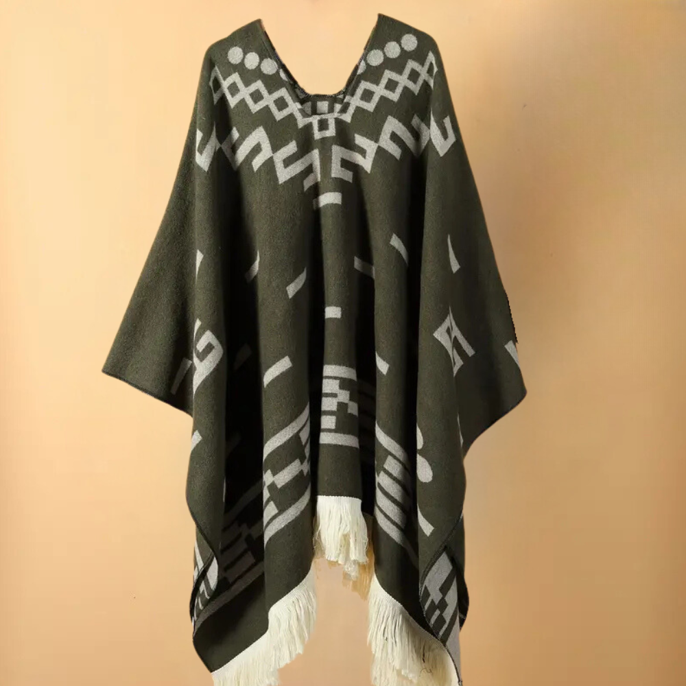 Poncho - Classic Winter Ladies Poncho With Geometric Design