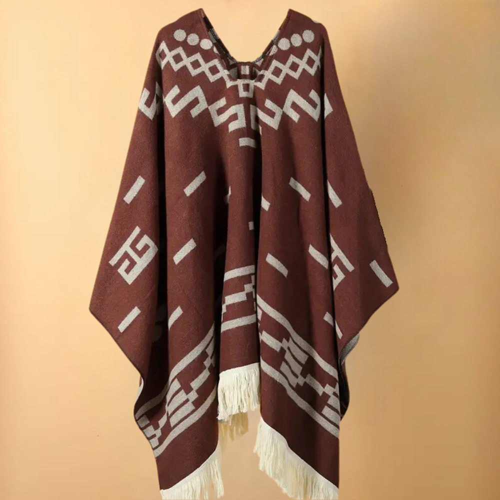 Poncho - Classic Winter Ladies Poncho With Geometric Design