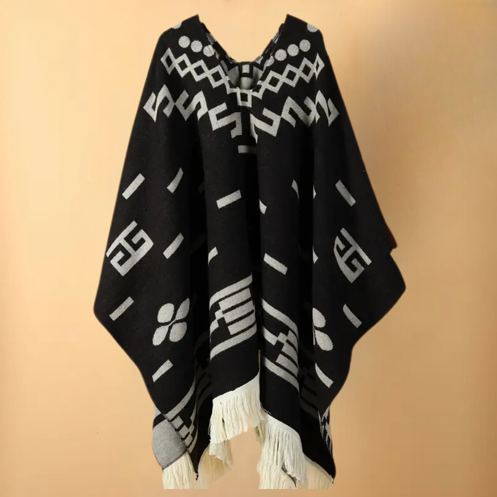 Poncho - Classic Winter Ladies Poncho With Geometric Design