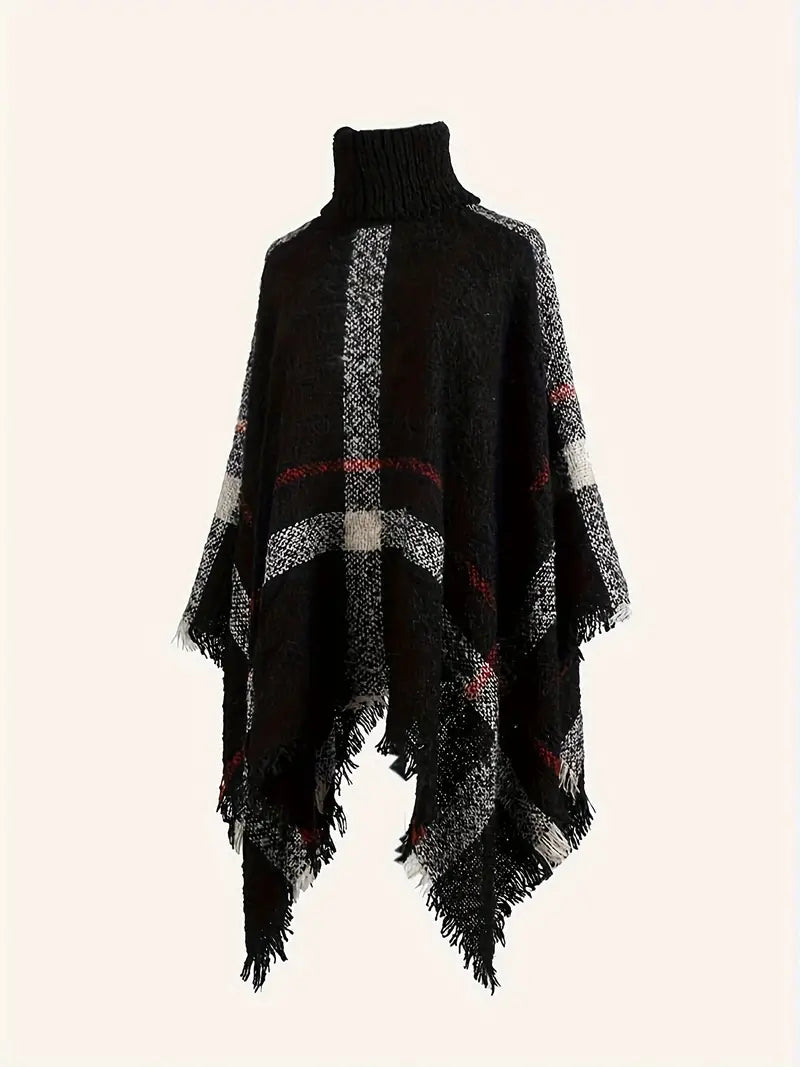 Poncho Sweater - Stylish Ladies Knitted Poncho With Turtleneck