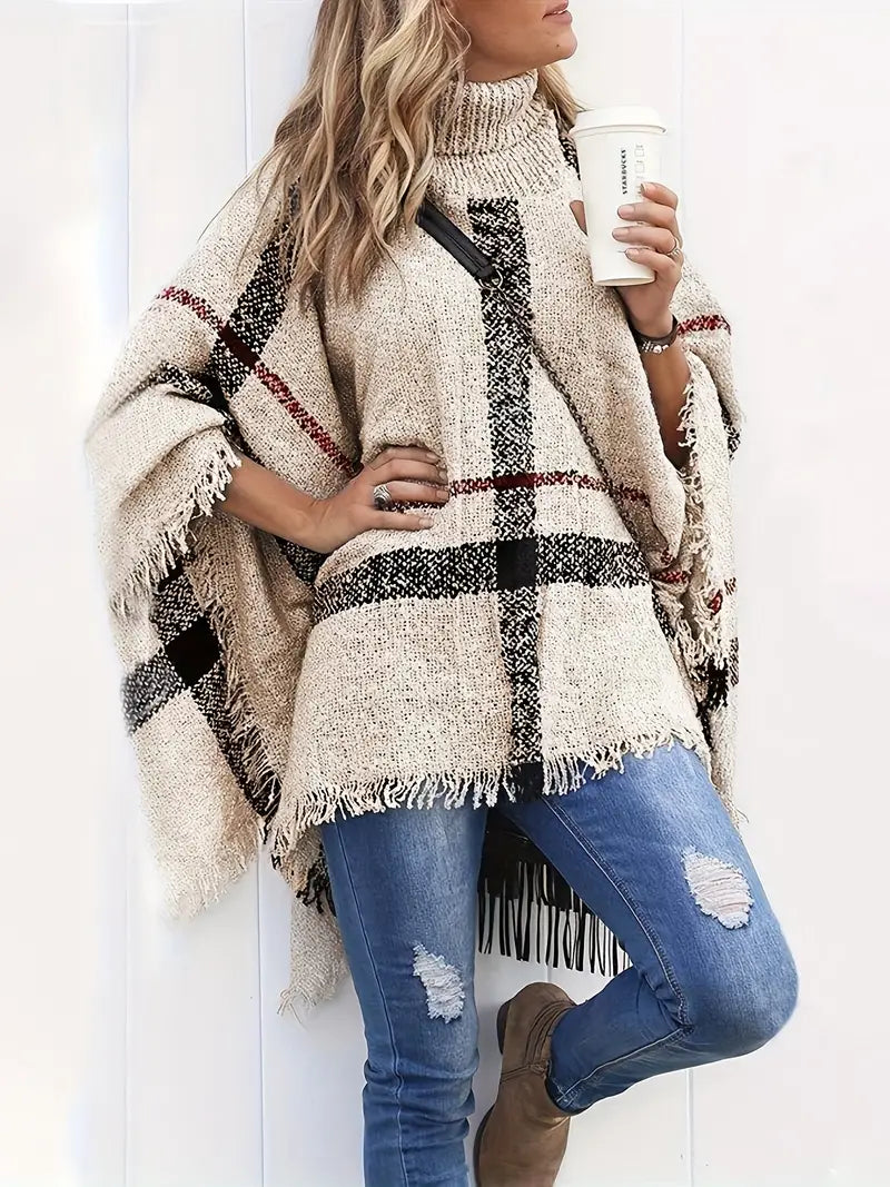 Poncho Sweater - Stylish Ladies Knitted Poncho With Turtleneck