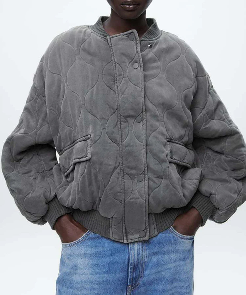 Quilted Bomber Jacket - Oversized Grey Women'S Outerwear