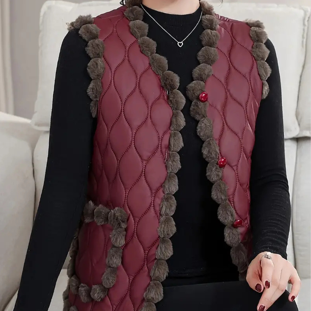 Quilted Vest - Stylish Padded Ladies Gilet With Pom-Pom Trim