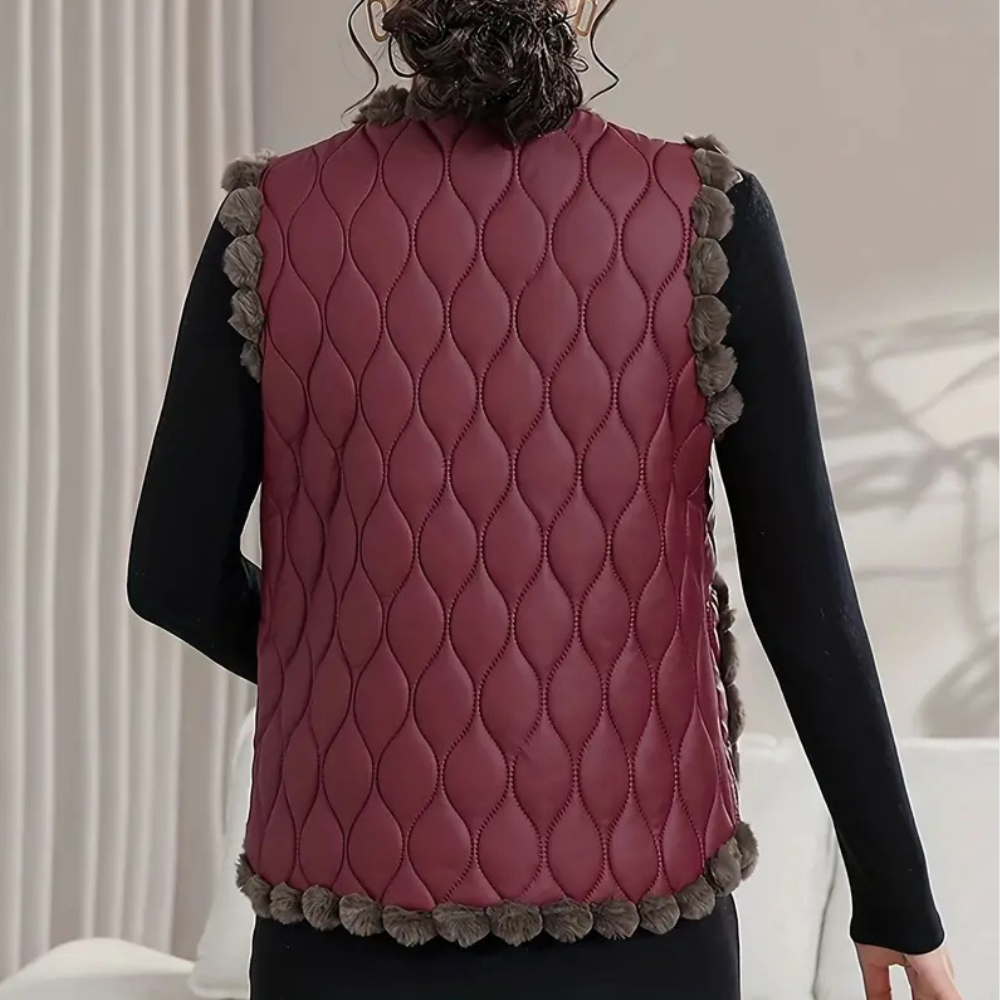 Quilted Vest - Stylish Padded Ladies Gilet With Pom-Pom Trim
